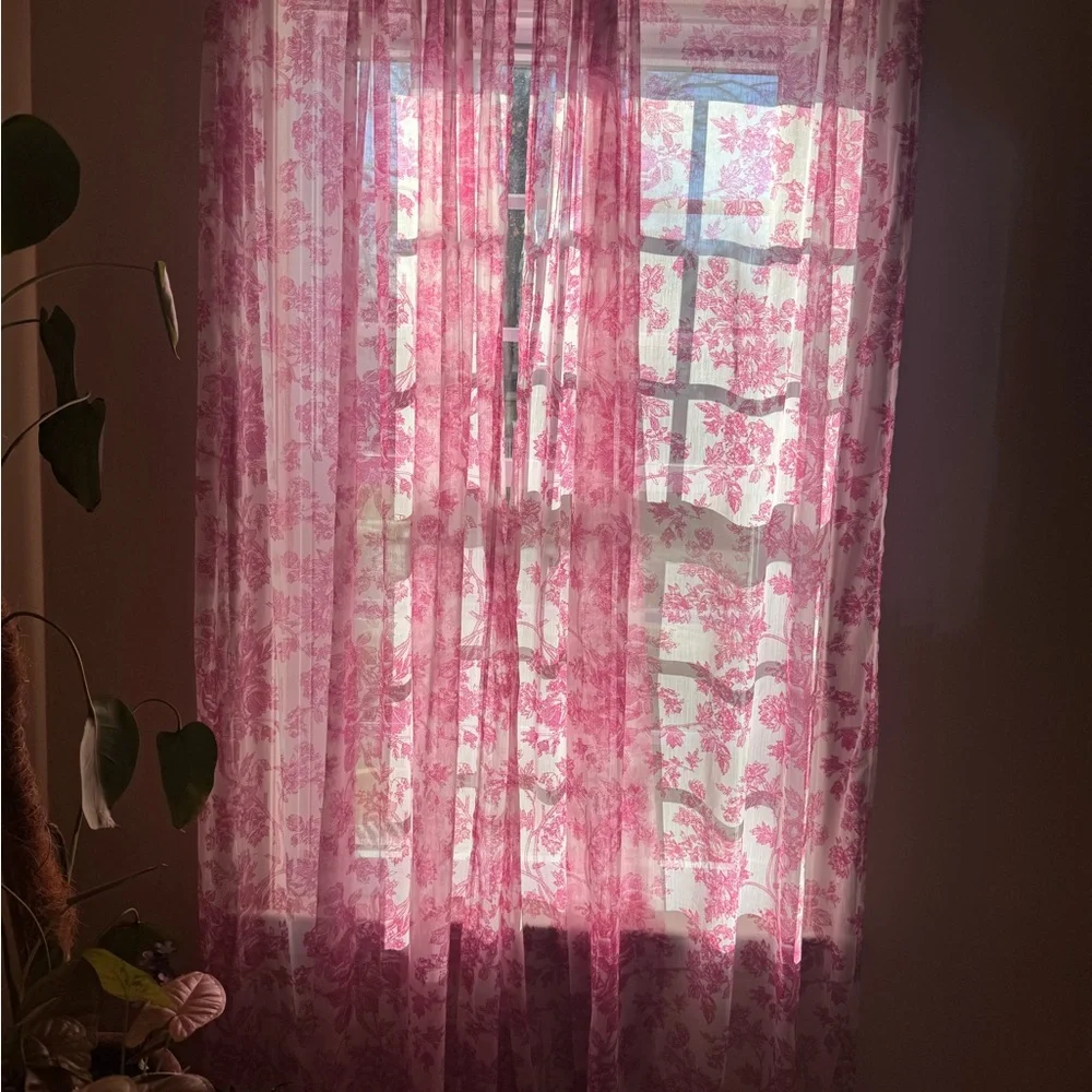 Pink sheer loral vine / botanical toile print curtain set of 2 84inches